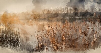 Obraz Akwarela krajobraz jeziora we mgle