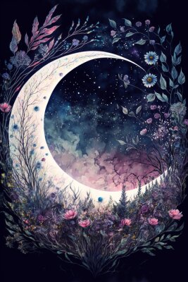 Obraz Akwarela z księżycem i kwiatami