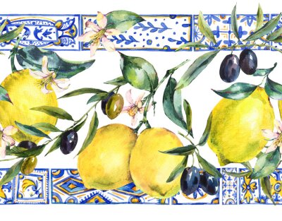 Obraz Akwarelowe cytryny i gałązki drzewa oliwnego