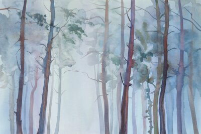 Obraz Akwarelowe wąskie drzewa w lesie