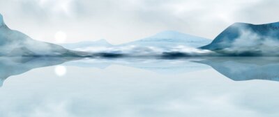 Obraz Akwarelowy zimowy pejzaż z jeziorem i górami