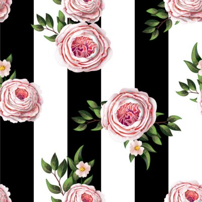 Obraz Angielskie róże na czarno-białym tle w paski