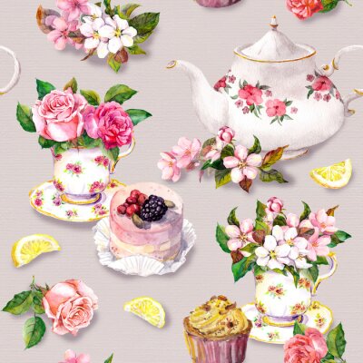 Obraz Deseń z filiżanką herbaty wśród delikatnych kwiatów