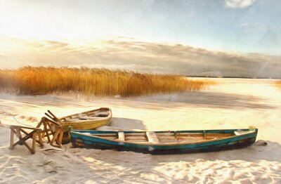 Obraz Drewniane łódki na piaszczystej plaży