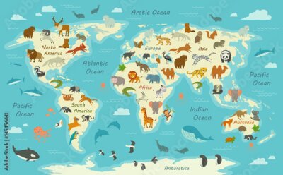 Obraz Dziecięca mapa świata ze zwierzętami
