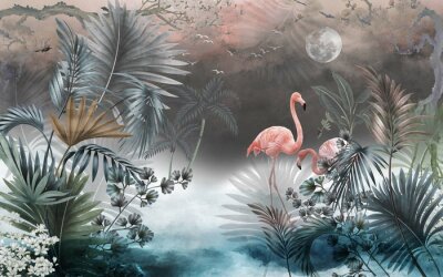 Obraz Dziki zakątek z flamingami księżycem i jeziorem