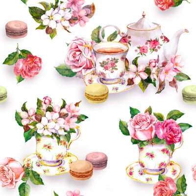 Obraz Filiżanki herbaty z akwarelowymi kwiatami