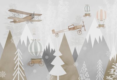 Obraz Góry i samoloty dla dzieci w skandynawskim stylu