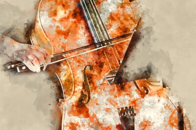Obraz Instrument namalowany akwarelą wiolonczela i smyczek