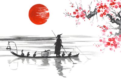 Obraz Japoński pejzaż z łodzią