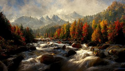 Obraz Jesienna panorama lasu z pasmem górskim w oddali