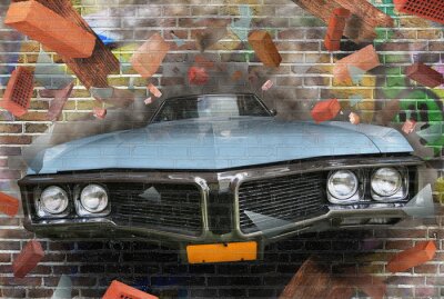 Obraz Klasyczny samochód malowany na ceglanym murze