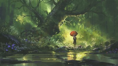 Obraz Kobieta z parasolem w tajemniczym lesie