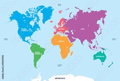 Obraz Kolorowa mapa świata kontynenty