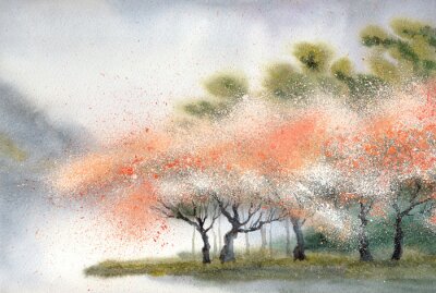 Obraz Kwitnące drzewo w pobliżu rzeki malowane akwarelą