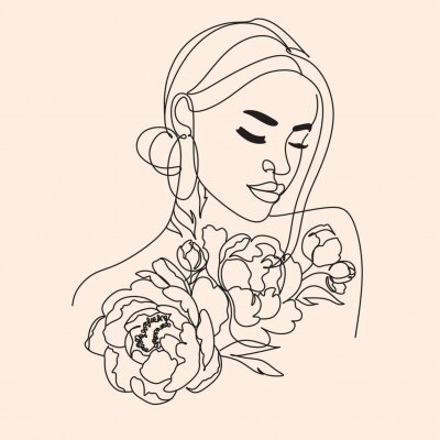 Obraz Line art portret kobiety z kwiatami