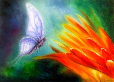 Obraz Malowane motyle na liściach