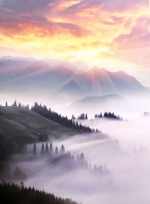 Obraz Malowniczy wschód słońca nad krajobrazem górskim we mgle