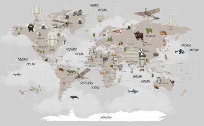 Obraz Mapa świata dla dzieci ze zwierzątkami