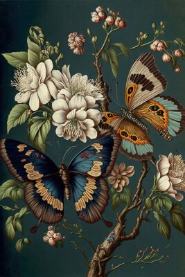 Obraz Motyle i kwiaty w stylu chinoiserie