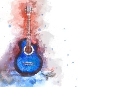 Obraz Niebieska gitara instrument namalowany wodnymi farbami