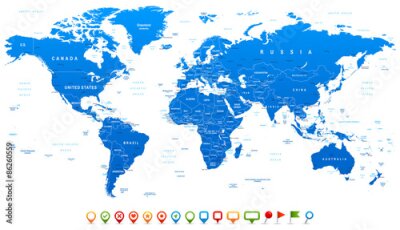 Obraz Niebieska mapa świata nawigacyjna