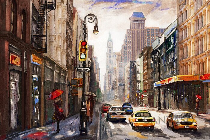 Obraz Oil painting on canvas, street view of New York, man and woman, yellow taxi, modern Artwork, American city, New York