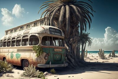 Obraz Opuszczony autobus na plaży z palmami i kaktusami