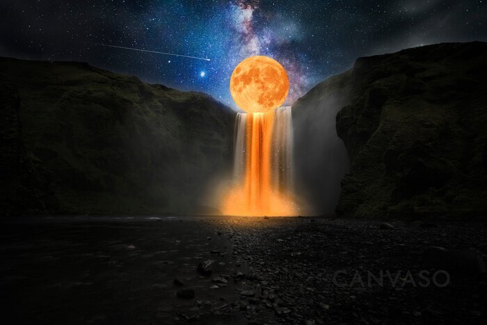 Obraz Orange moon over great waterfall