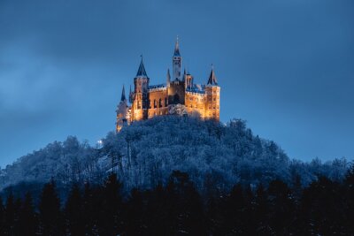 Obraz Oświetlony zamek nocą w zimie