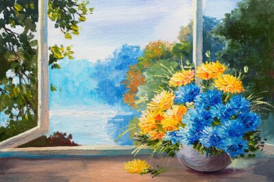 Obraz Pejzaż z bukietem kwiatów w wazonie