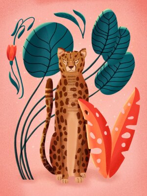 Obraz Portret geparda otoczonego kolorowymi roślinami
