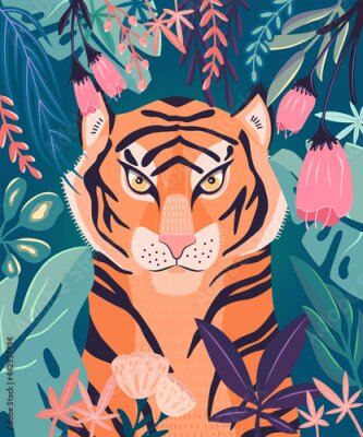 Obraz Portret tygrysa w dżungli otoczonej kolorowymi roślinami