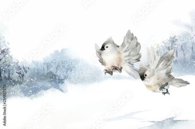 Obraz Ptak zimą w akwareli