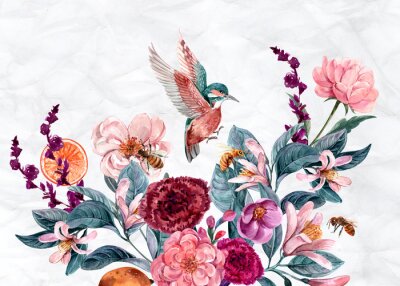Obraz Ptaki i barwne kwiaty