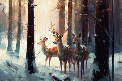 Obraz Rodzina jeleni w zimie w lesie