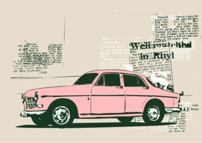 Obraz Różowy samochód vintage napisy