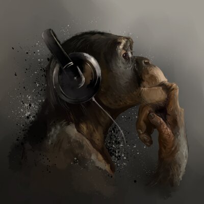 Obraz Szympans słuchający muzyki