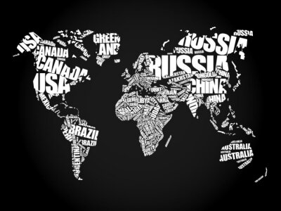 Obraz Typograficzna mapa świata czarno-biała
