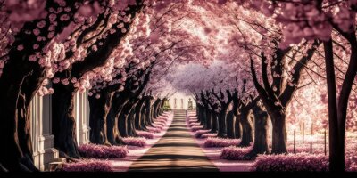 Obraz Wspaniały park krajobrazowy z rzędami kwitnących wiśni sakura wiosną