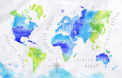 Obraz Zielono-niebieska mapa świata akwarelowa